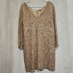 Elegant Champagne Sequin Long Sleeve Dress Size 22 100% SILK  Shell